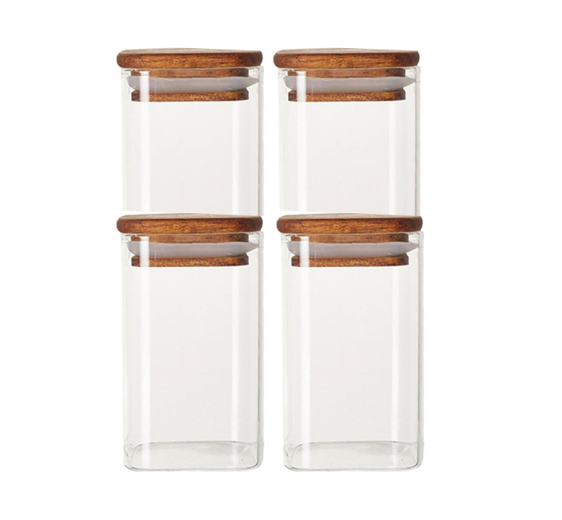 Mr Beam Vorratsglas mit Akazienholzdeckel, 6x6x11cm, 4er Pack