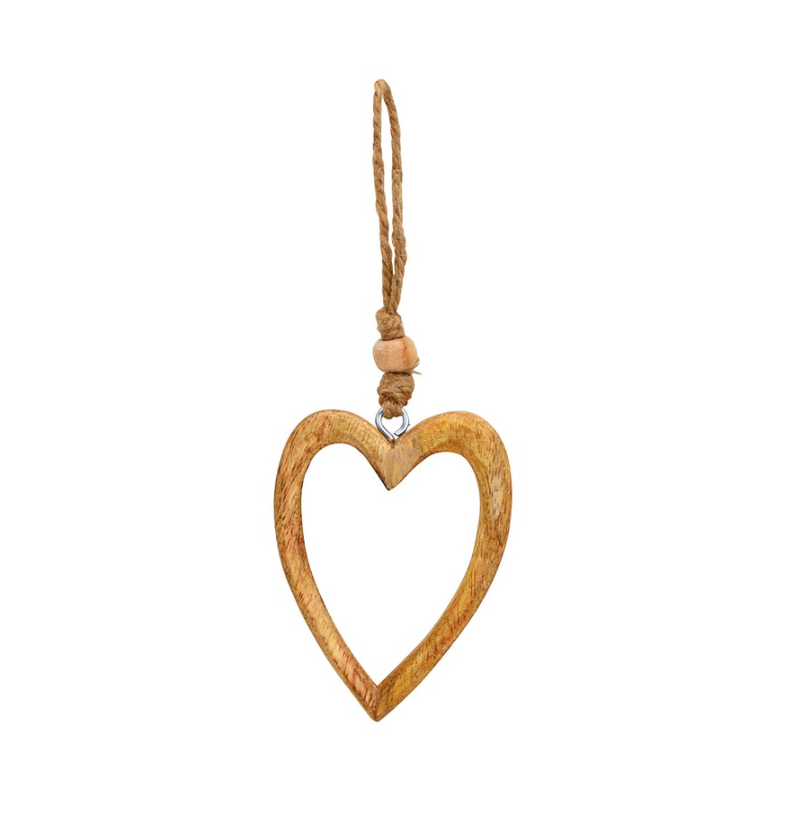 Mr Beam heart pendant, mango wood, 6x9x1cm, pack of 4