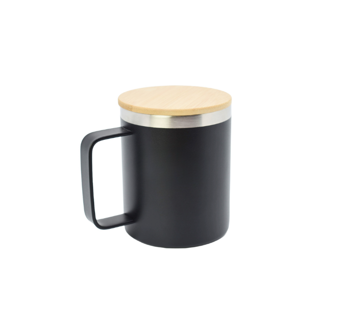 Mr Beam mug, stainless steel double-walled with bamboo lid, black, 8.3 x 10.7 cm